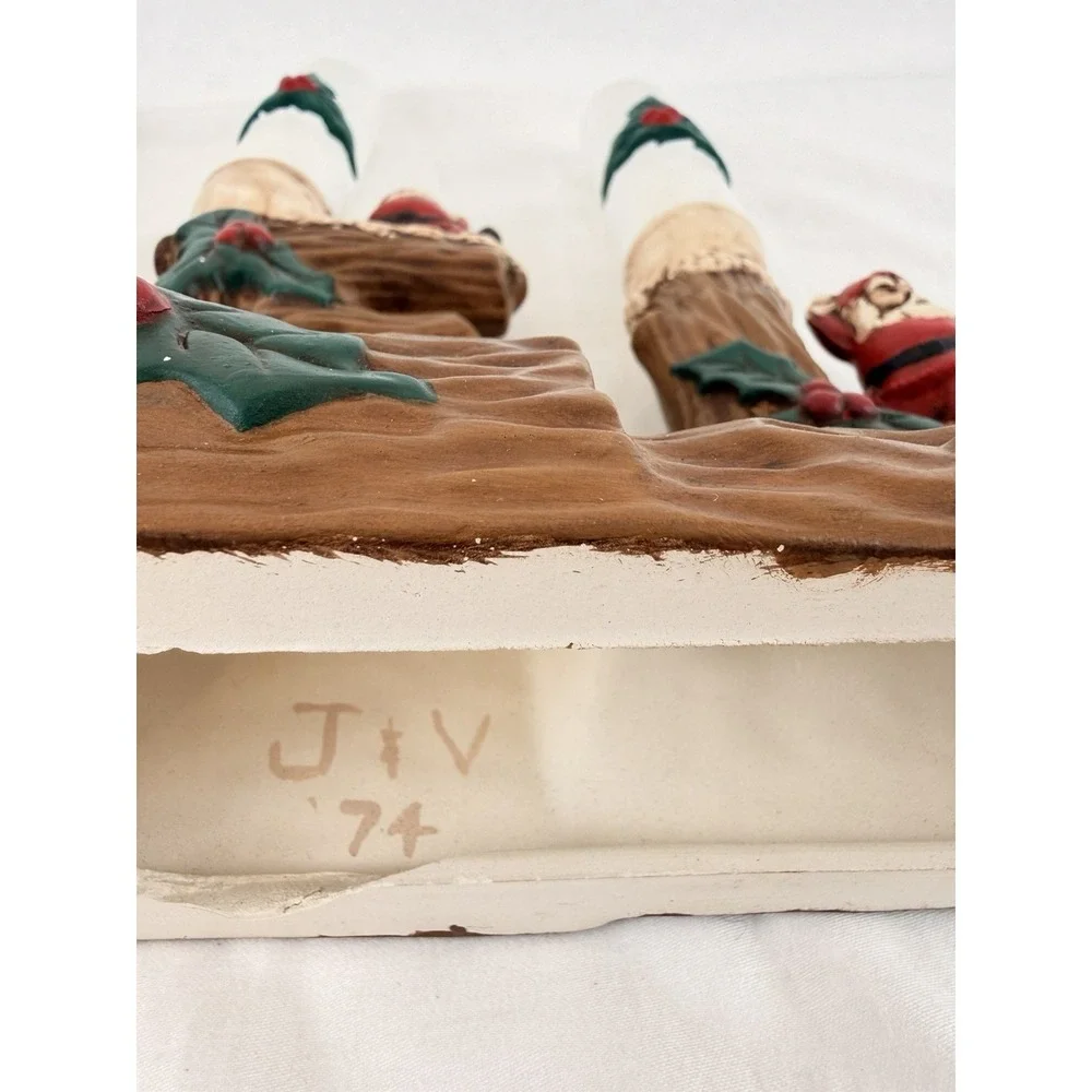 Vintage 1974 NOEL Ceramic Candle Holder Set Santa Log Christmas Decor - Picture 11 of 16